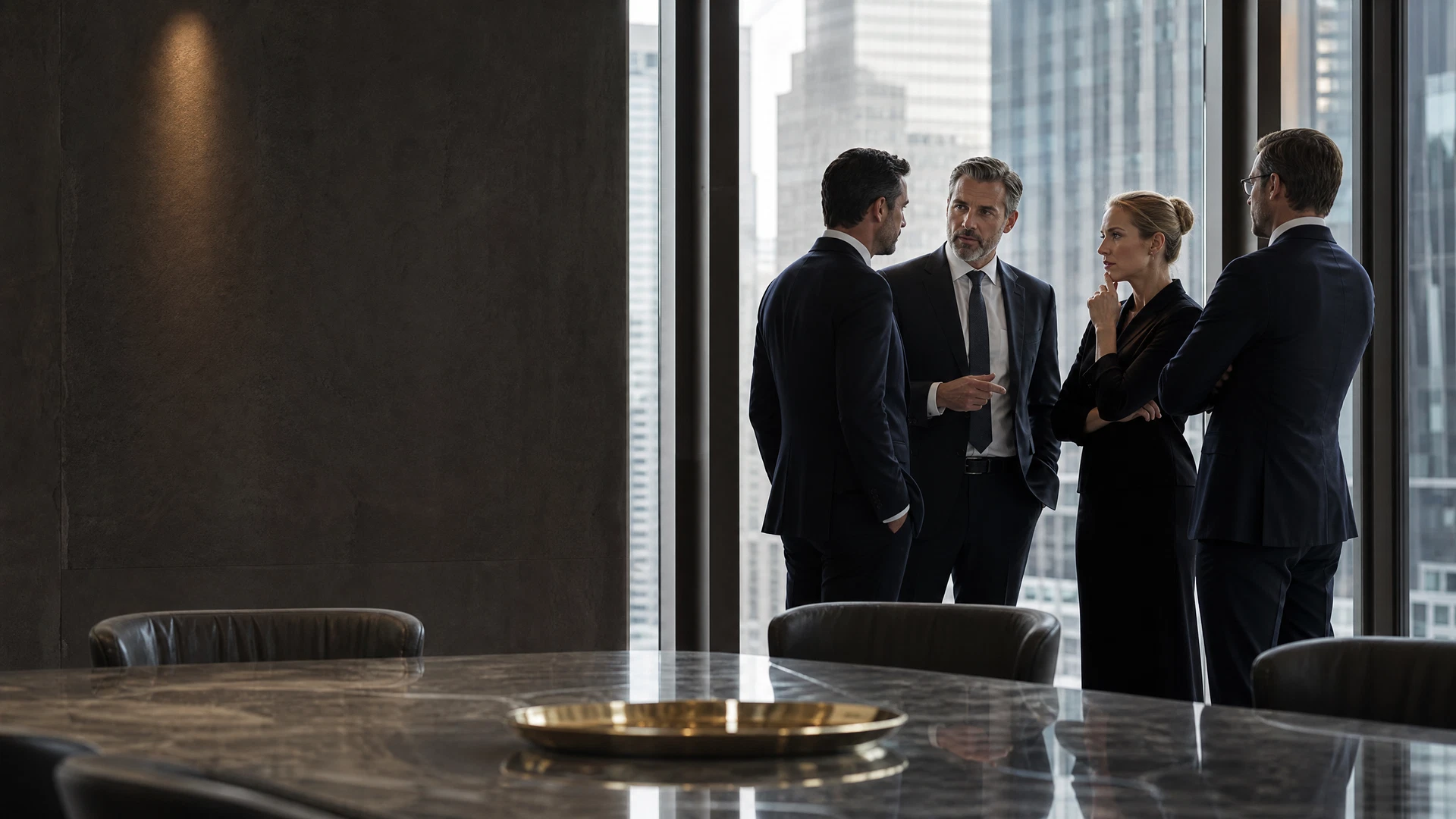 Reunião executiva em ambiente corporativo